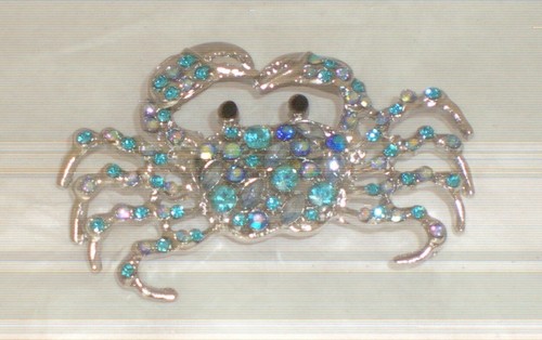 New Silvertone Aqua Blue Crystal Crab Pin Brooch Beach Ocean Summer Sparkling