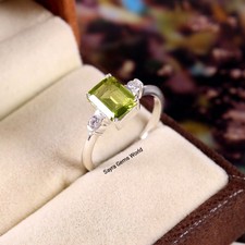 Baguette Peridot Ring: Sterling Silver Green Stone Ring