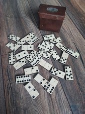 Vintage Antique Domino Set Bone on Wood – Complete 28 Pieces Vintage Leather Box