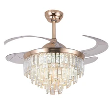 42" Crystal Ceiling Fan Chandelier with 3 Color Led Light Retractable Blades US