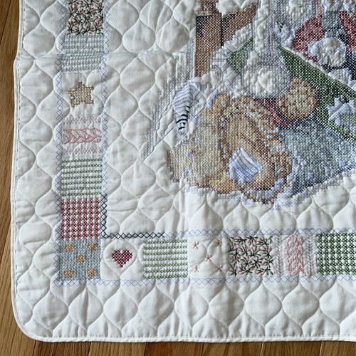 Bucilla Baby Stamped Cross Stitch Kit Crib Cover #43066 Blue Jean Teddy Started - Picture 9 of 12
