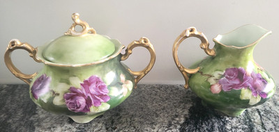Limoges France CREAMER & LIDDED SUGAR BOWL DISH SET Porcelain Gold Accents Paint