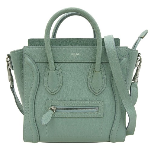 Celine Luggage Nano Shopper 2Way Shoulder Bag Green Leather 7.9x8.3x3.9 in