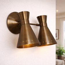 Brass Double Cone Wall Sconce: Mid-Century Du...