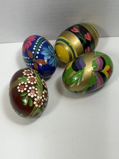 Four Wooden Hand Painted Eggs Easter Decor Folk Art Floral Bright Colors