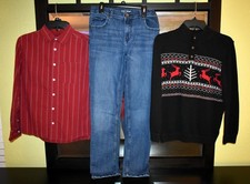 Zestaw odzieży chłopięcej (dżinsy, zapinane na guziki, sweter) - rozmiar 14/16, 16