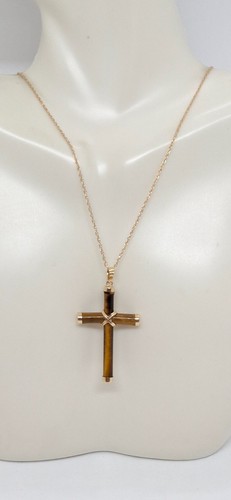 Tiger's Eye Cross Pendant/Necklace 14k 18" Yellow Gold ROPE Chain Cross LOVER - Picture 10 of 13