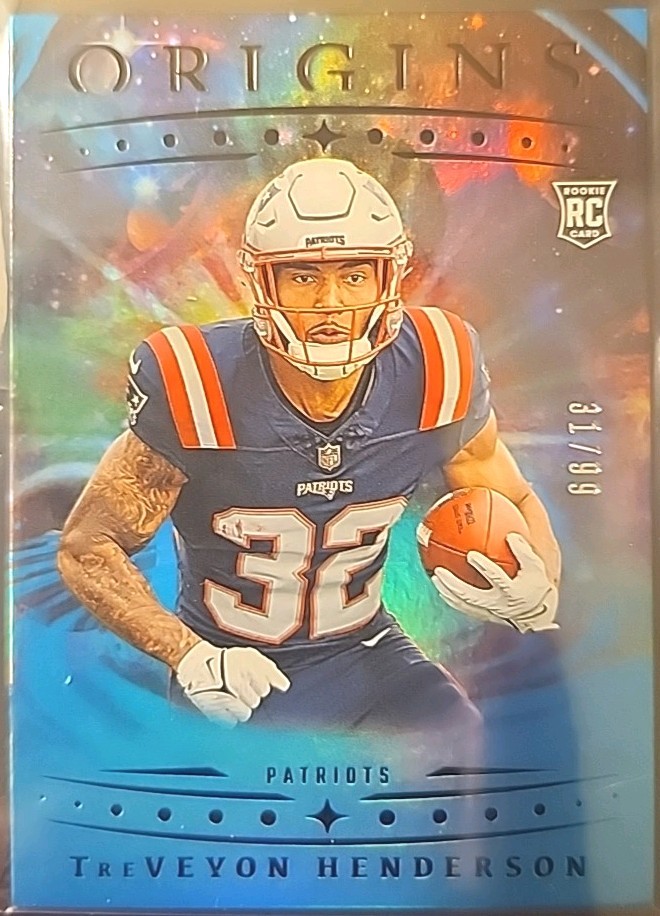 2025 Panini Origins - Rookies TreVeyon Henderson, NE Patriots #105 Blue /99 (RC)