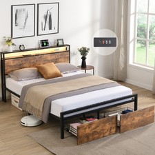 Queen Size Bed Frame with Storage Headboard and 2 Drawers, LED Lights Bed with C