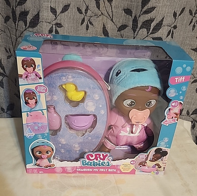 Cry Babies Tiff Newborn First Bath Tub and Accessories Makes Noises African Ame