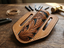 Western 4" Tan Leather Trapper Folding Knife Sheath Vertical Carry Tooled