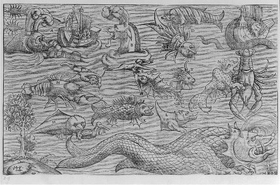 Photo:[Variety of sea monsters, some attacking ships and humans]