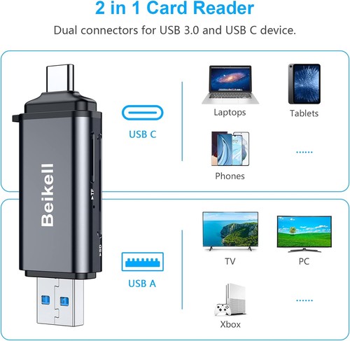Beikell SD Kartenleser, Dual Connector USB 3.0/USB C Speicherleser Grau - Bild 3 von 13