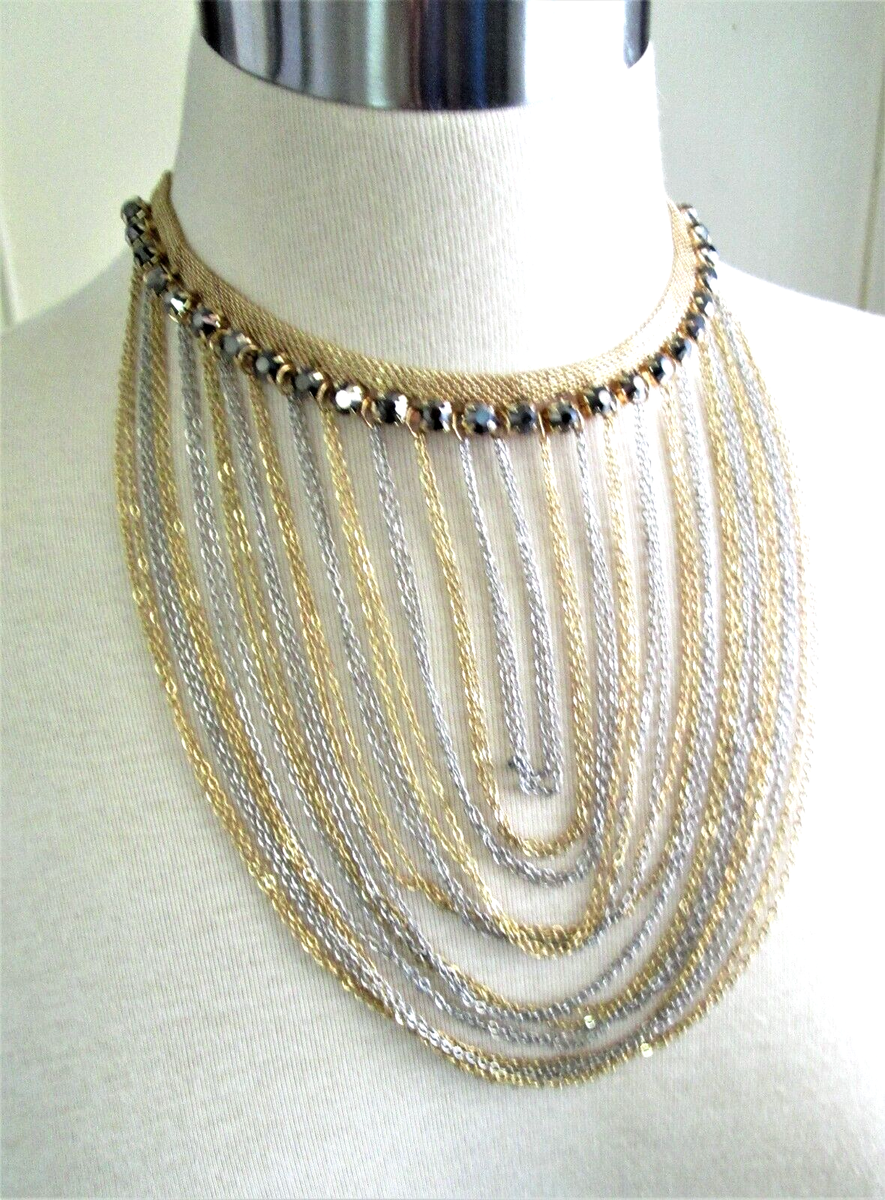 Mesh Choker Necklace 24 Chain Rhinestone Waterfall Chandelier Gold Silver  Black