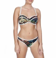 Freya Club Tropicana Bikini 30FF XS Padded Bandeau Top Brief Blue White Floral