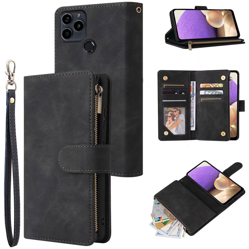 For BLU G91S Wallet Case Zipper Pocket Flip Card Wrist Strap Kickstand Case