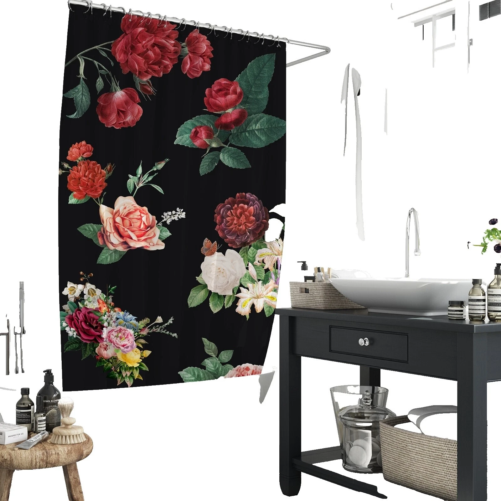 Cortinas de Ducha Floral Poliéster Negro