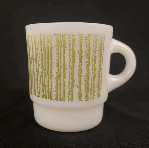 VTG Fire King Coffee Mug Cup Olive Green Vertical Lines Stripes C Handle MCM