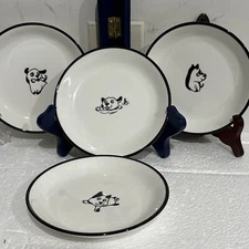 Set Of 8 Snack Appetizers Plates Serving Dish Cartoon Dog Black White Ceramic