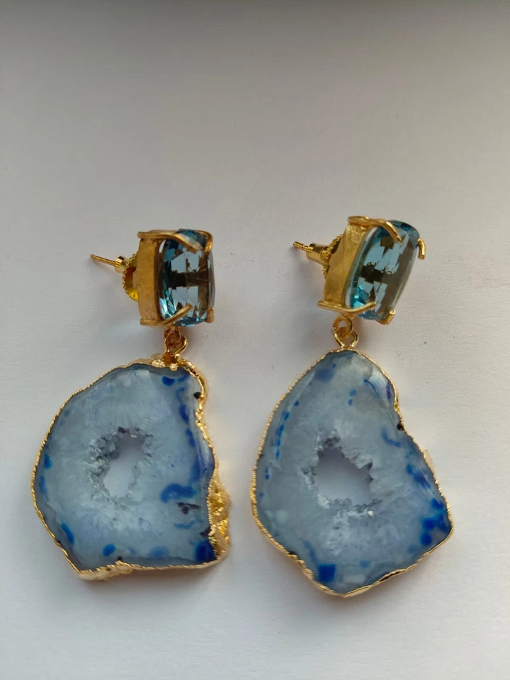 Druzy Slice Earring Hydro London Blue Geode Gold Edge Stud Fashion Jewelry - Image 2 of 4