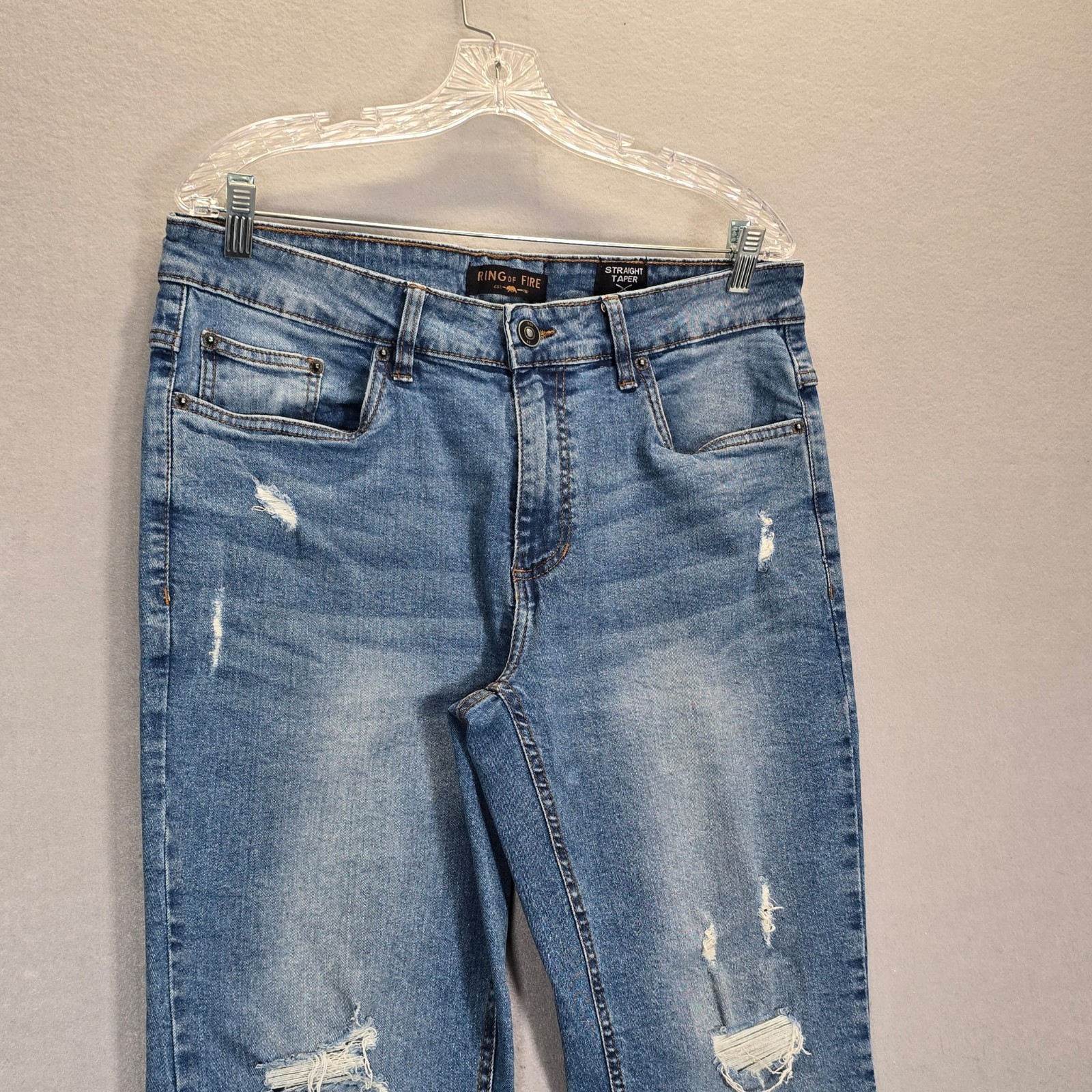 Ring of Fire  Straight  Taper Jeans Mens 33x30 Light Wash Blue Distressed Denim