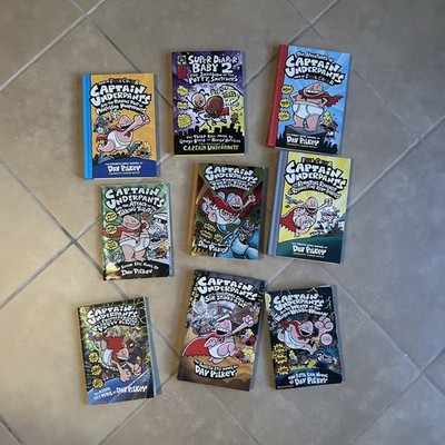 8 Captain Underpants books and Super Diaper Baby 2 written by Dav Pilkey