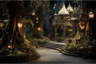 Night Fantasy Castle Backdrop Enchanted Forest with Magical Creatures and Plants