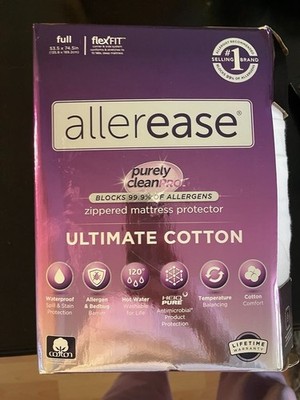 AllerEase Ultimate Cotton Zippered Mattress Protector FULL White Flexfit - NEW!