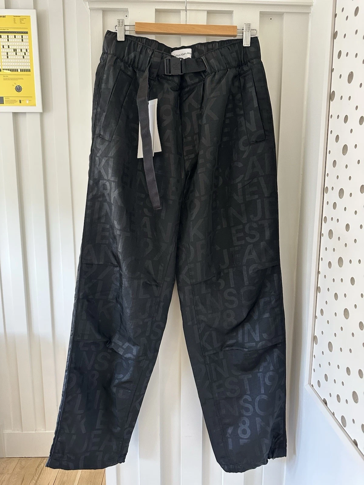 Calvin Klein Mens All Over Logo Cargo Technical Trousers Pants Black Matte Shine
