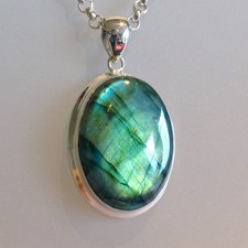 Chunky Labradorite Pendant in Sterling Silver, Large Oval in Green, Blue, Olive.