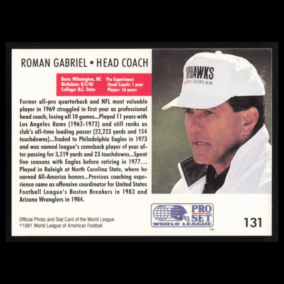Roman Gabriel #131 1991 Pro Set WLAF Raleigh-Durham Skyhawks Football Card NFL - Image 2 of 3