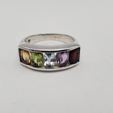 Sterling Silver 925 Multi-Gemstone Colorful Rainbow Ring Size 8