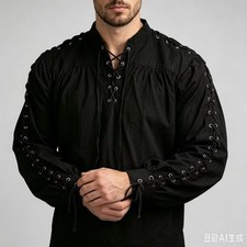 Mens Medieval Renaissance Shirt Gothic Pirate Lace Up Viking LARP Costume S-5XL