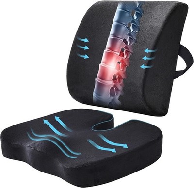 Set Cojin Asiento Y Respaldo Espuma Memoria Ortopedico Oficina Auto Confort