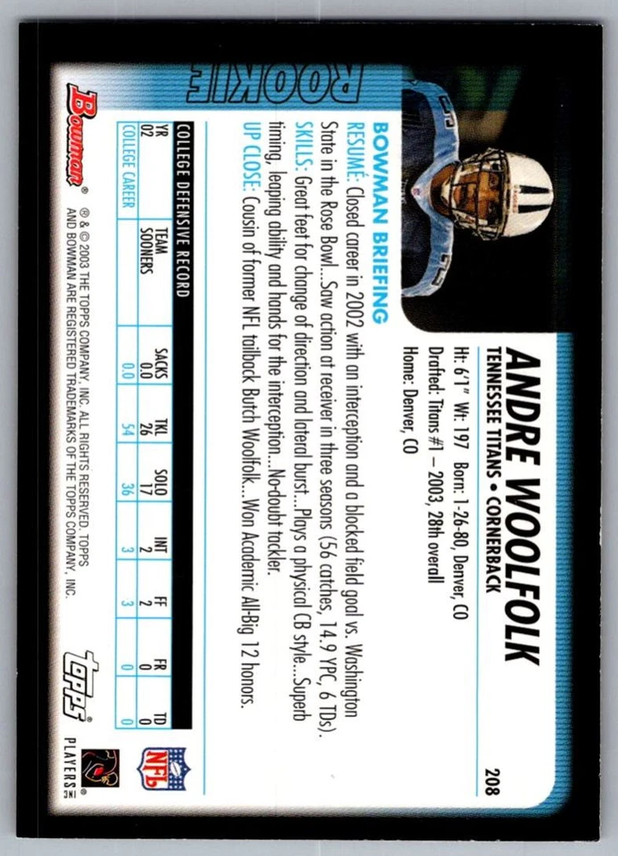 2003 Bowman Andre Woolfolk Rookie Tennessee Titans #208 - Image 2 of 2