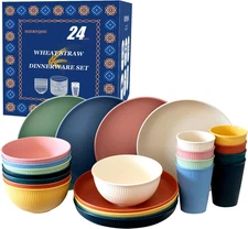 24pcs Wheat Straw Dinnerware Sets For 8, Unbreakable Plates and Bowls Wheat