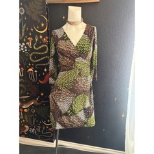 Ann Taylor LOFT Petites Faux Wrap Dress Brown Green Abstract Print 0P