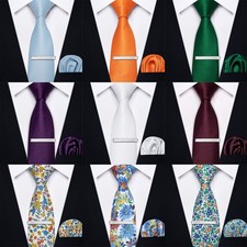 Mens Tie Slim Necktie With Handkerchief  Tie Pin Set Satin Plain Flower Suit