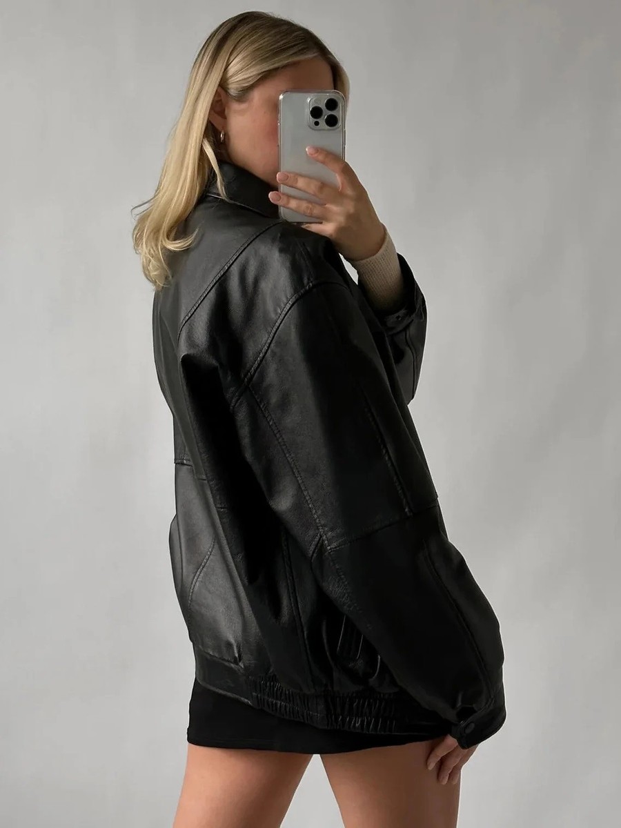 Oversized Women's Classic Black Smooth Sheep Leather Jacket Butter