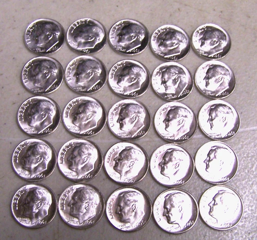 Roosevelt Dimes Silver 90% Mixed Dates/Mint Marks 1963 AU Lot of 25