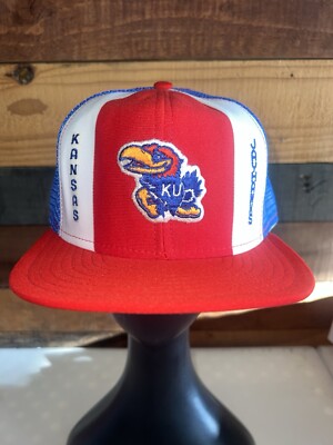 Vintage 80s Kansas Jayhawks NCAA College Red Snapback Hat AJD Lucky Stripes