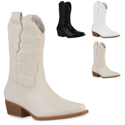Damen Leicht Gefütterte Cowboy Boots Holzoptikabsatz Schuhe 839572 Trendy Neu