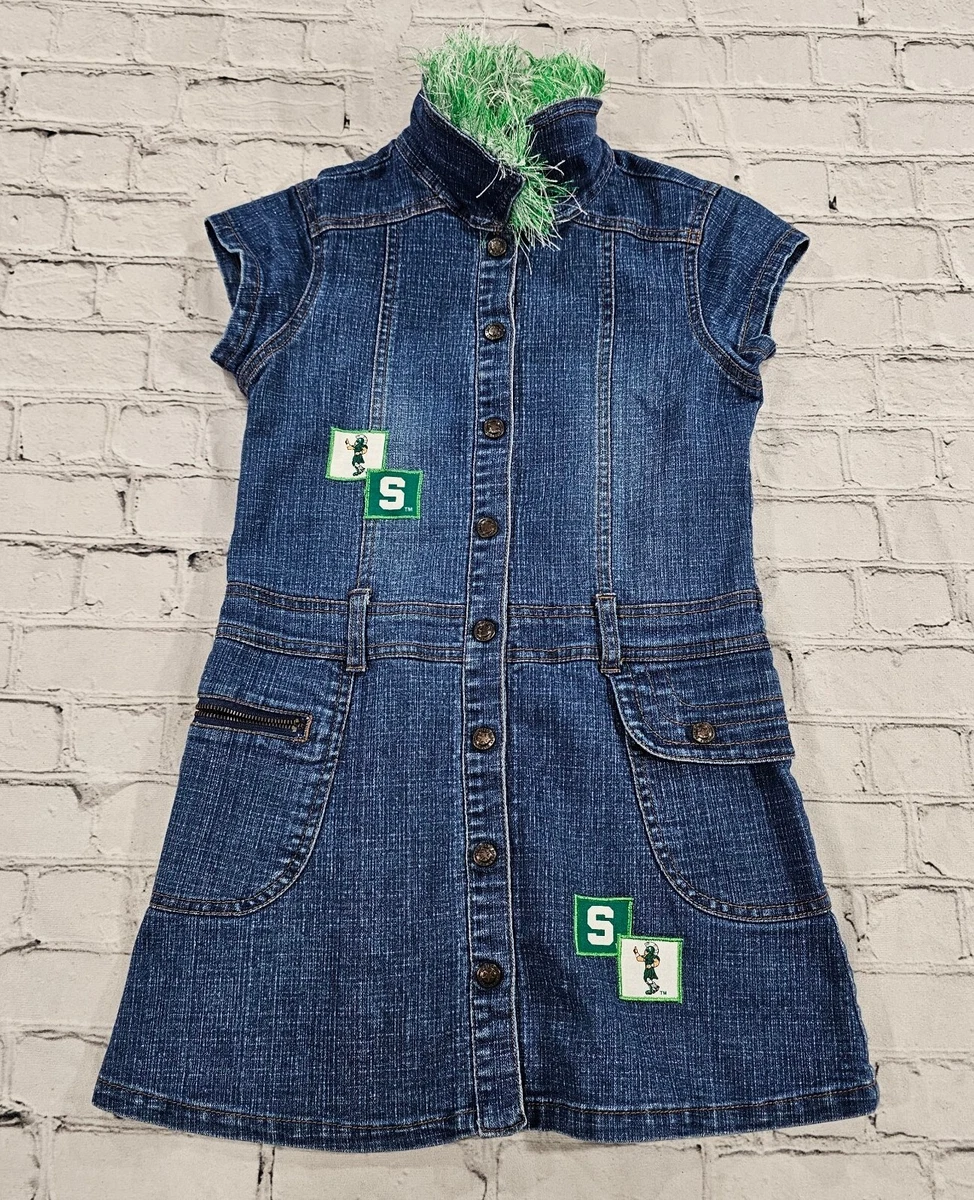 Faded Glory Denim Overall Dress Blue Embroidered MICHIGAN STATE