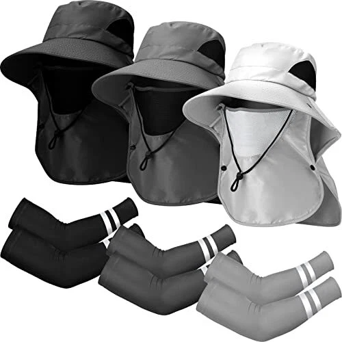 3 Sets Sun Protection Hat with Cooling Arm Sleeves Neck Flap for Hiking Fishing