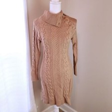 Bodycon Sweater Dress Tan Cableknit S/M Cowl neck Long sleeve