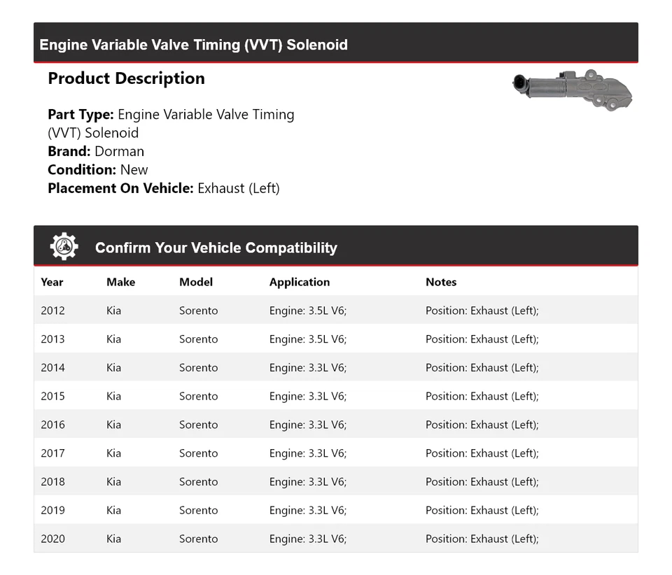 Соленоид выхлопной системы двигателя VVT для 2012-2020 Kia Sorento Dorman (слева) 2013 2014 - Изображение 2 из 4