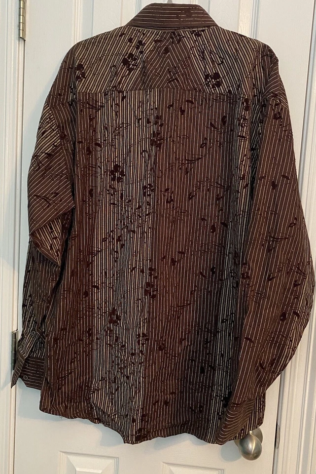 Attitude Gold Mens Sz 3XL Long Sleeves Velvet Designed Brown on Brown Button Up - Image 2 of 4