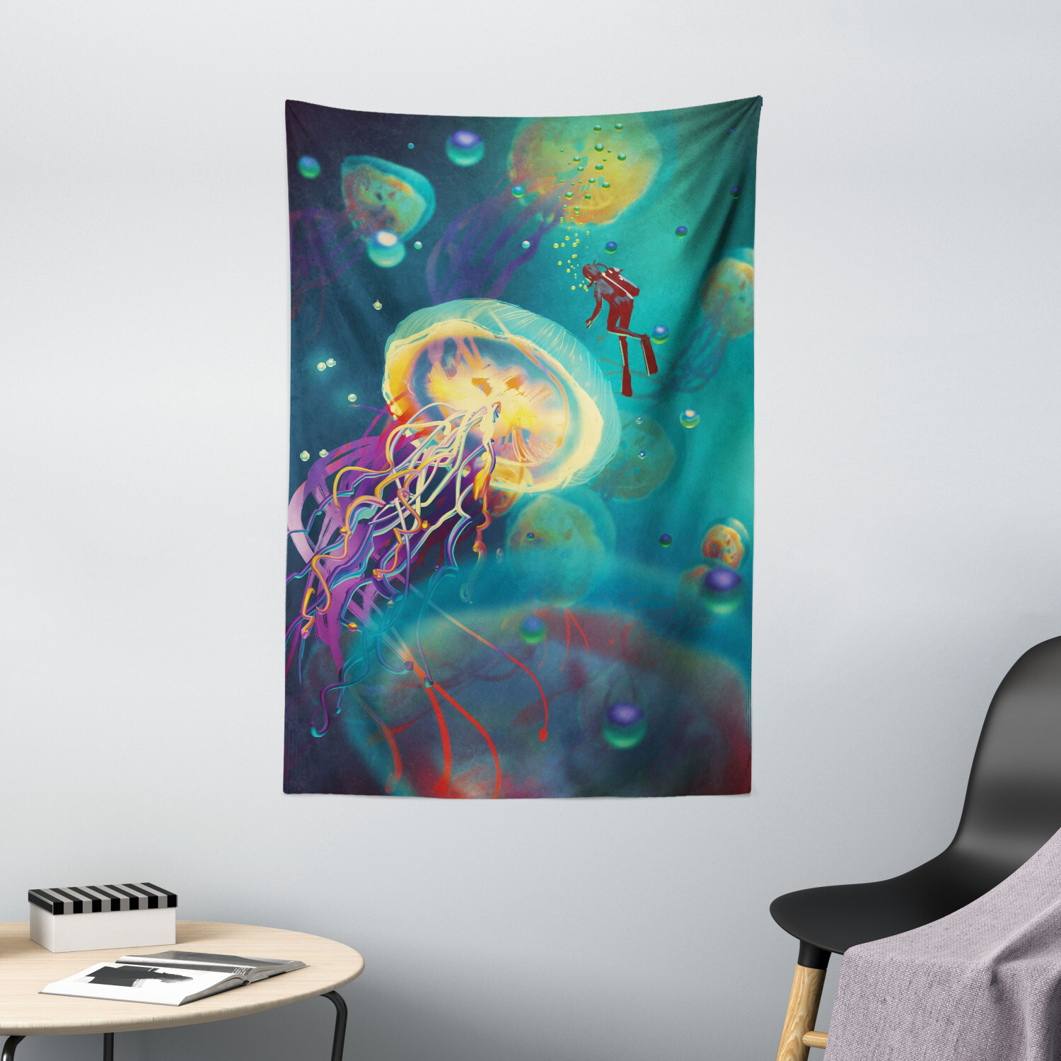 Sealife Tapestry Submarine Jellyfish Print Wall Hanging Decor