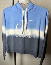Calvin Klein Jeans Womens Dip Dye Hoodie Logo Blue Crop Top Sweatshirt XLarge
