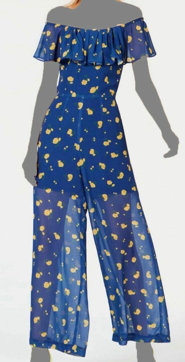 $180 Betsy Johnson Women's Blue Floral Off-Shoulder Jumpsuit Petite Size 10P